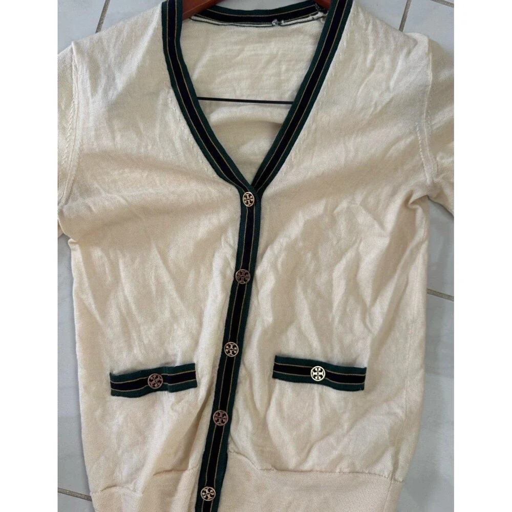 Tory Burch Madeline Merino Wool V-Neck Ivory Cardigan Green Black Trim XS